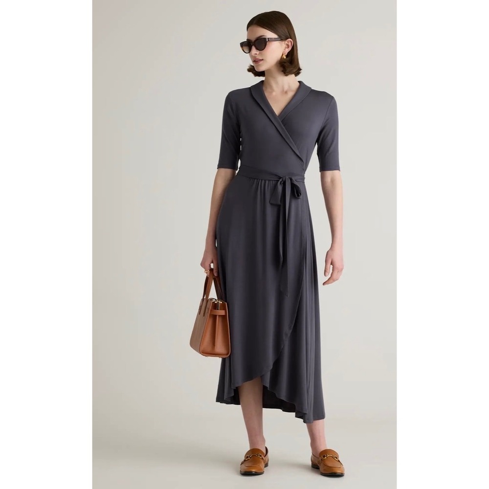 Quince Tencel Jersey Midi Wrap Dress Carbon Grey Shawl Collar Size L NEW